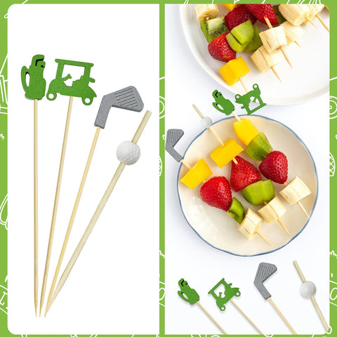 Augoog golf-themed toothpicks decorating varied appetizers and desserts with style.