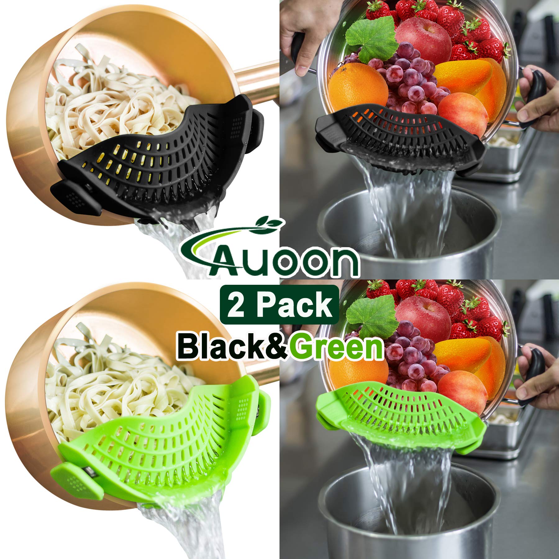 AUOON clip-on strainer in dishwasher-safe design for easy cleanup.