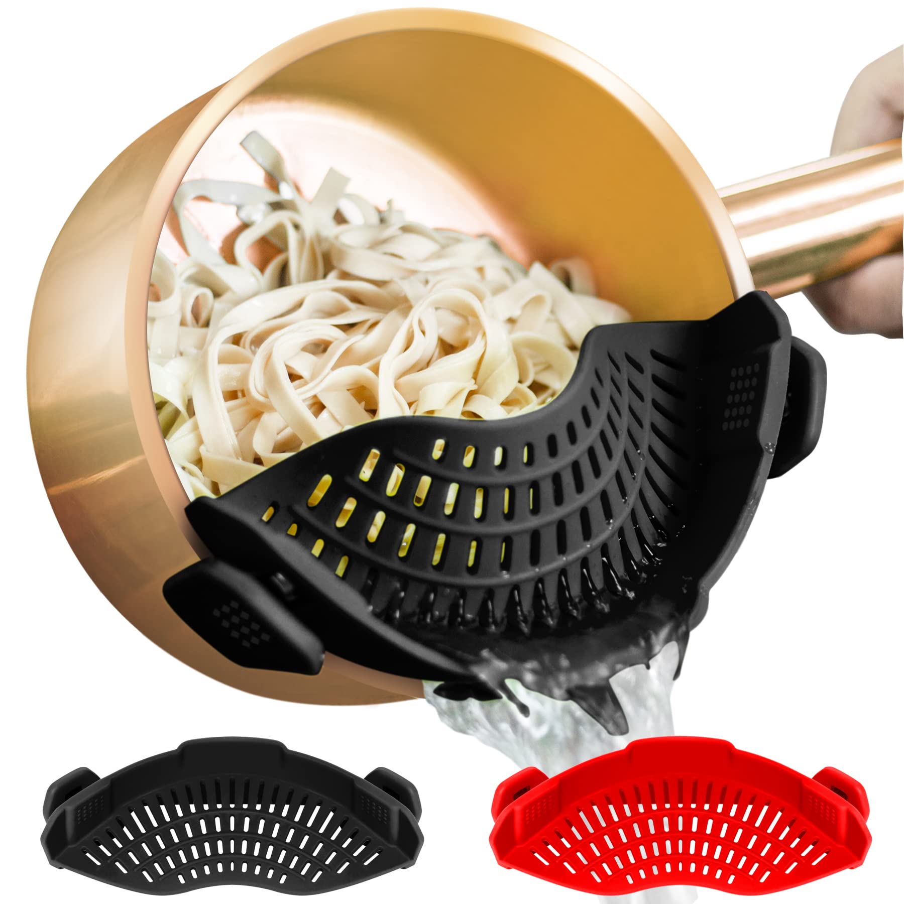 AUOON clip-on strainer in pot for quick draining.