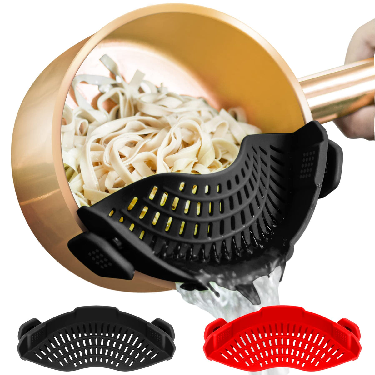 AUOON clip-on strainer in pot for quick draining.