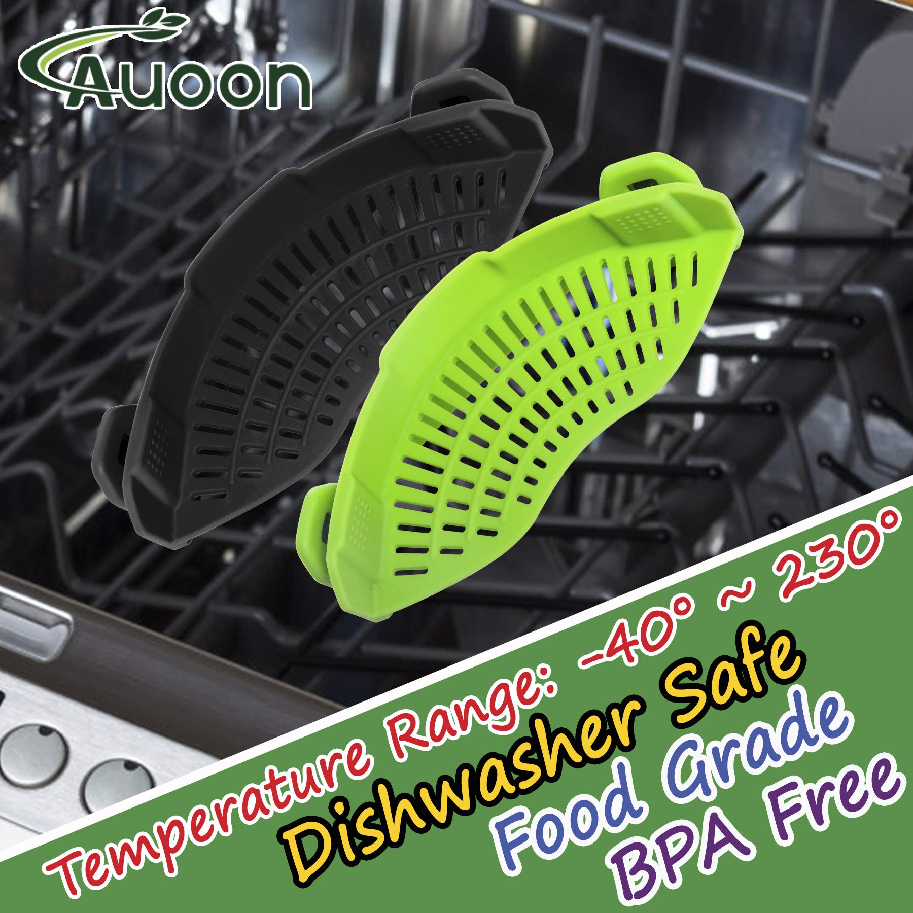 AUOON clip-on strainer cleans easily in the dishwasher.