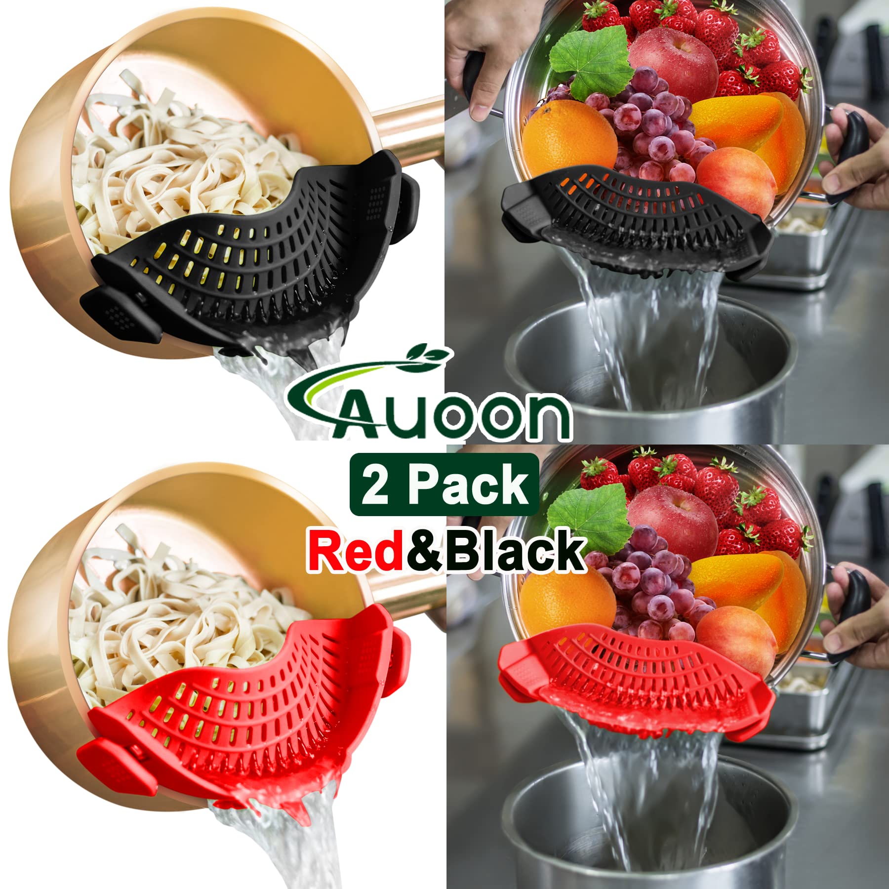 AUOON clip-on strainer closeup shows flexible, food-grade silicone.