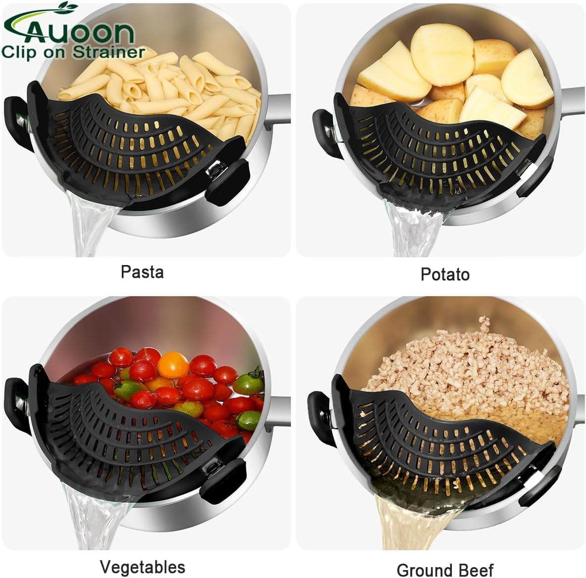 AUOON strainer rinses fruits and vegetables under running water.