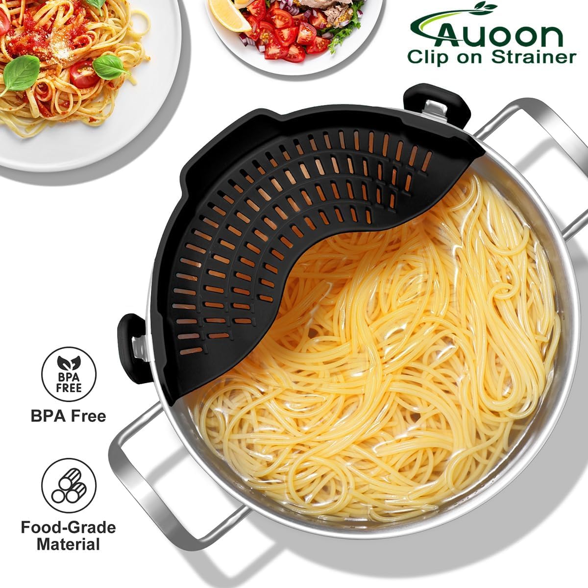 AUOON two-pack design used with pasta for efficient draining.