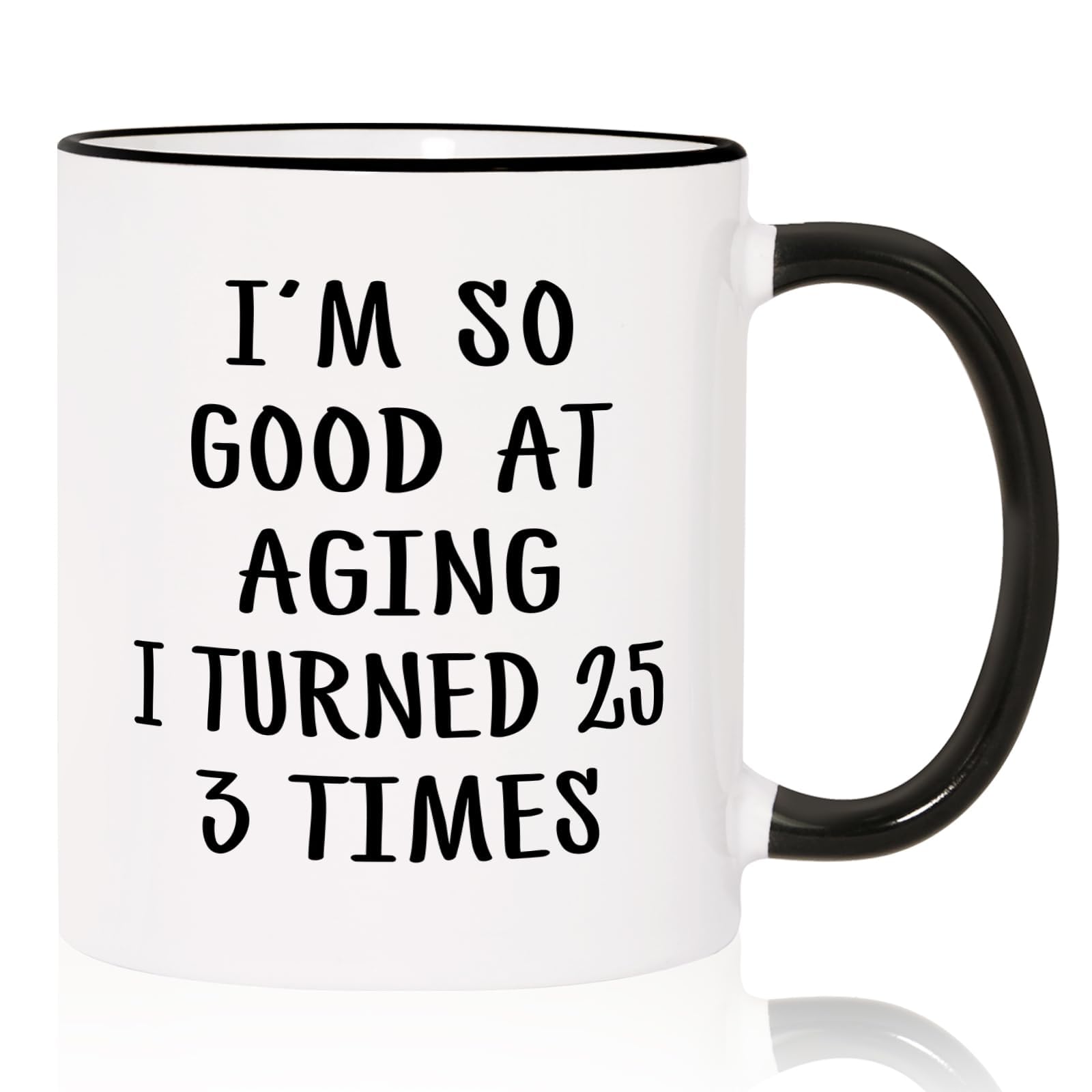 Aurahouse 75th birthday mug front view with bold print for celebratory sips