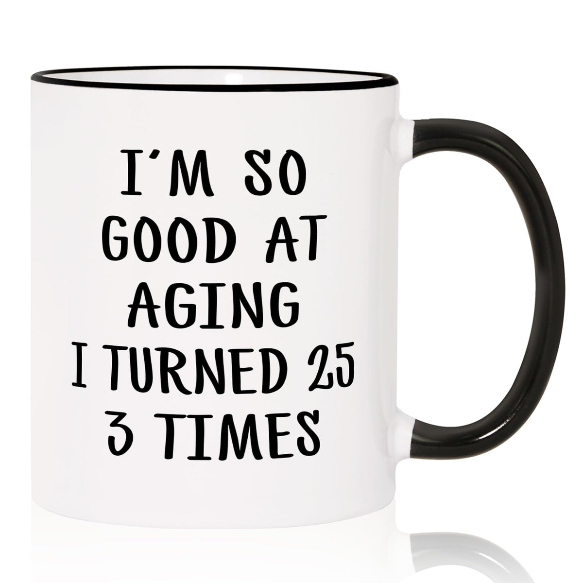 Aurahouse 75th birthday mug front view with bold print for celebratory sips