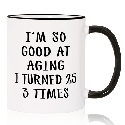 Aurahouse 75th birthday mug front view with bold print for celebratory sips