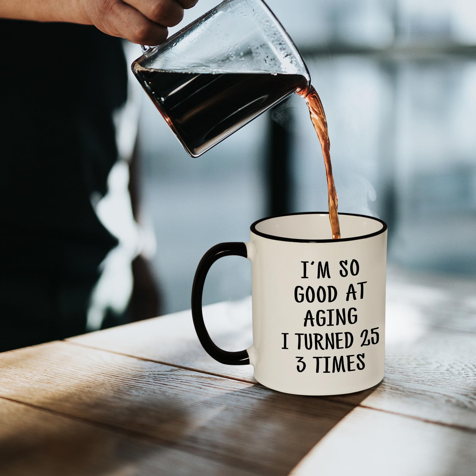 Aurahouse 75th birthday mug gift-ready packaging with playful message