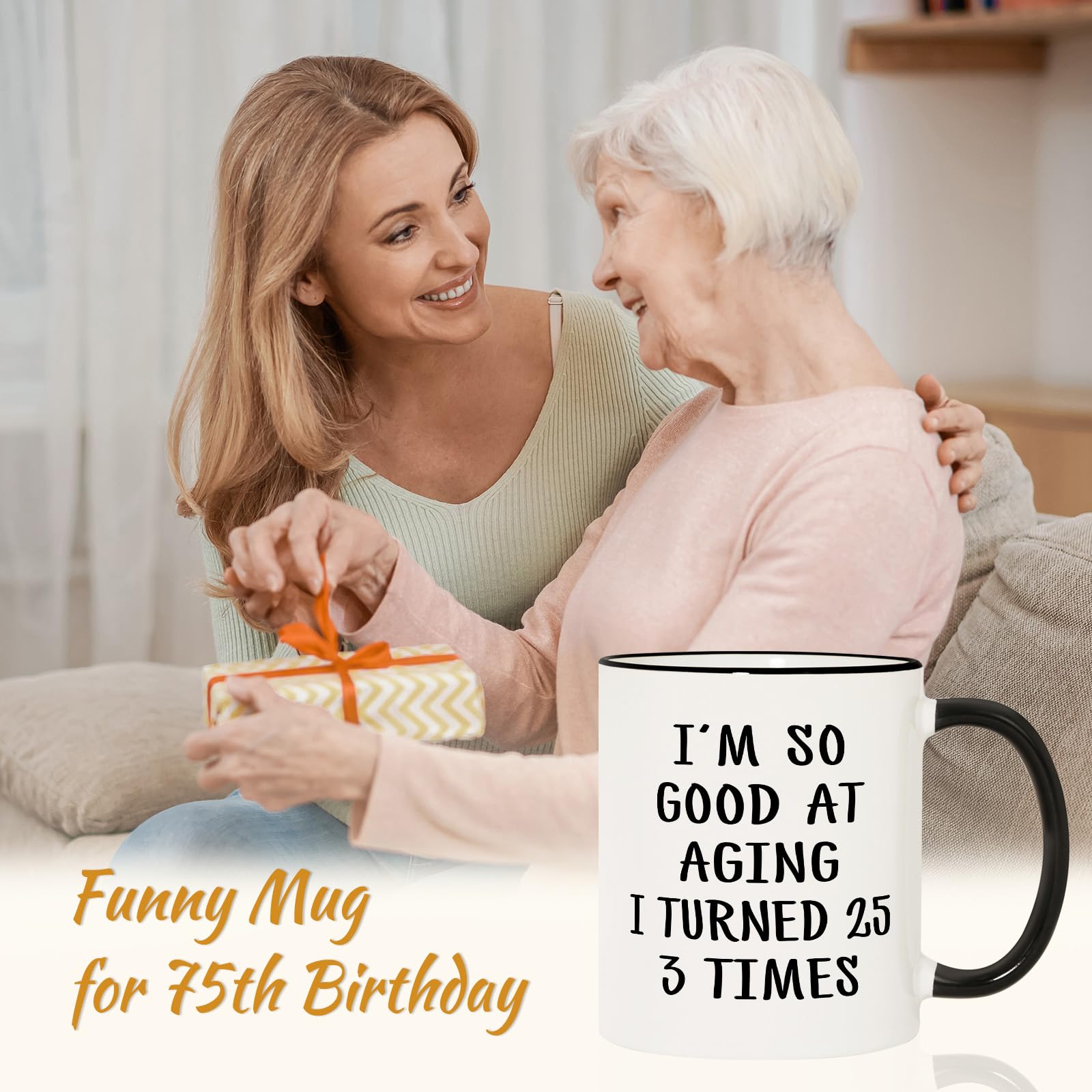 Aurahouse 75th birthday mug quote print close-up highlighting witty aging humor