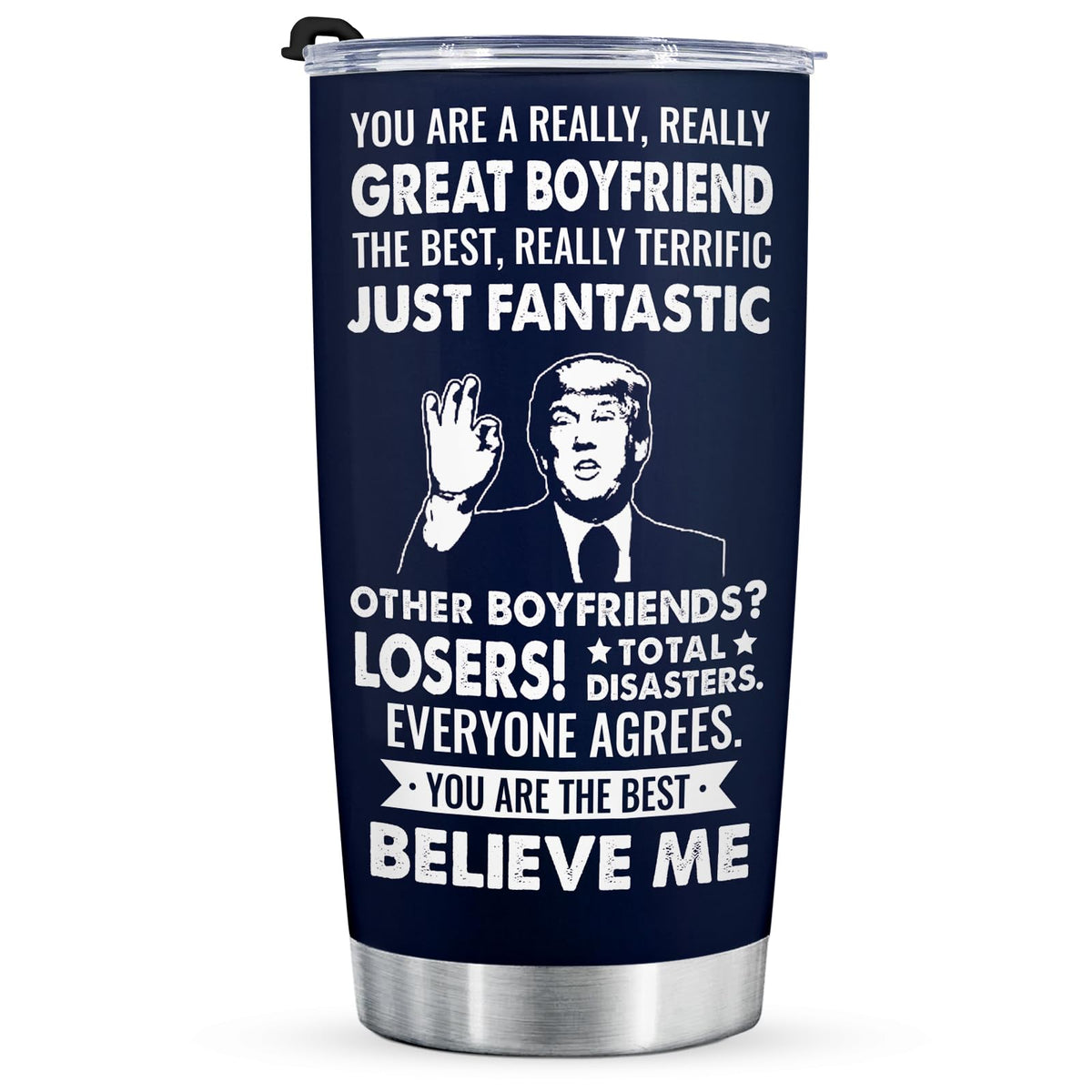 Aurahouse boyfriend tumbler front view with cheerful You're A Great Boyfriend design.