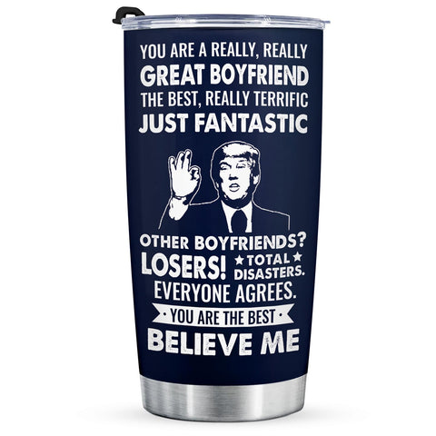 Aurahouse boyfriend tumbler front view with cheerful You're A Great Boyfriend design.