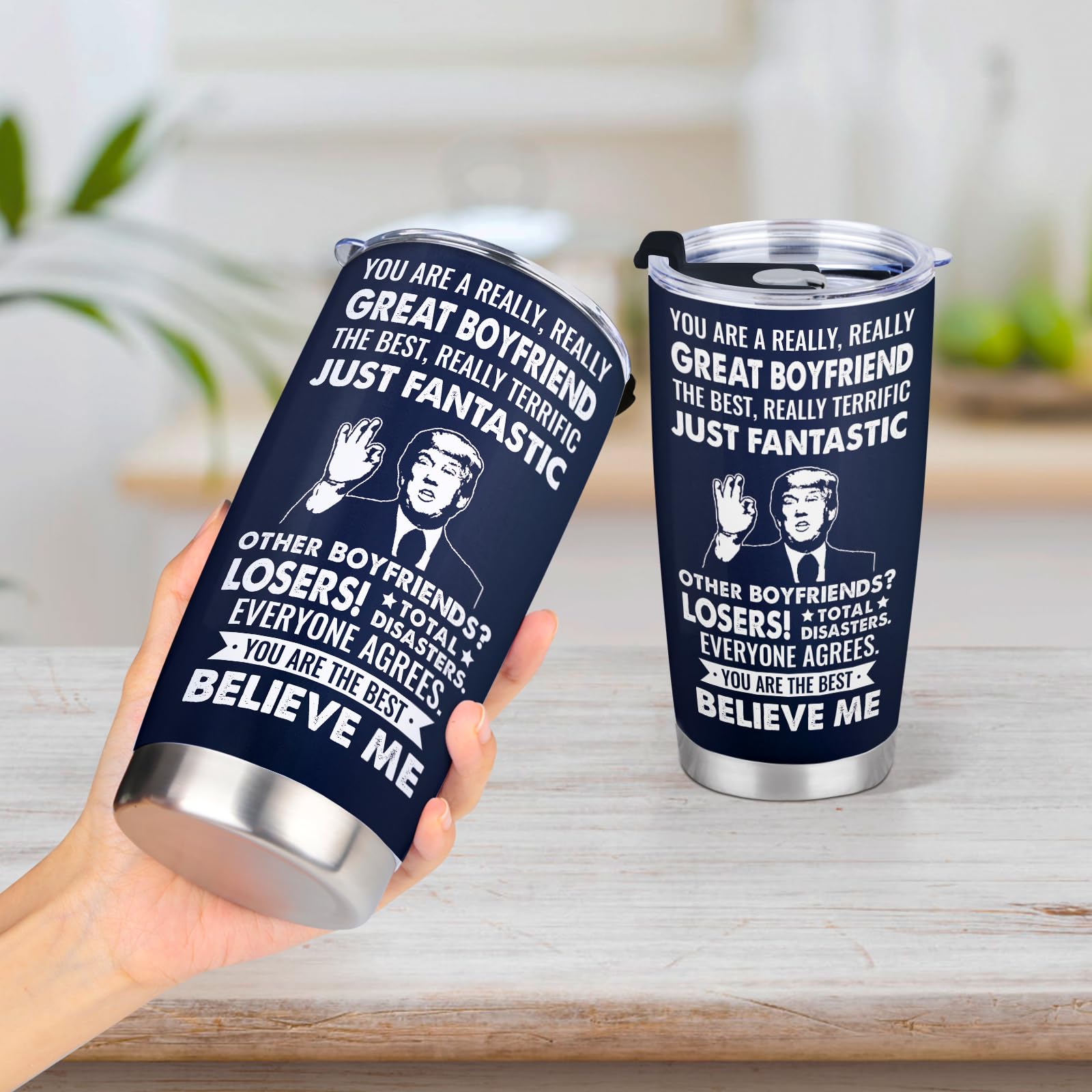 Aurahouse boyfriend tumbler side view shows dual-side print and playful messaging.