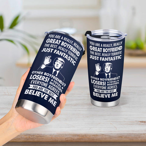 Aurahouse boyfriend tumbler side view shows dual-side print and playful messaging.