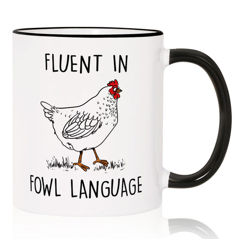 Aurahouse Fluent in Fowl Language mug for playful coffee breaks at work.