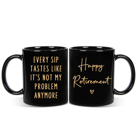 Aurahouse retirement mug front view with Not My Problem Anymore message, perfect for gifting.