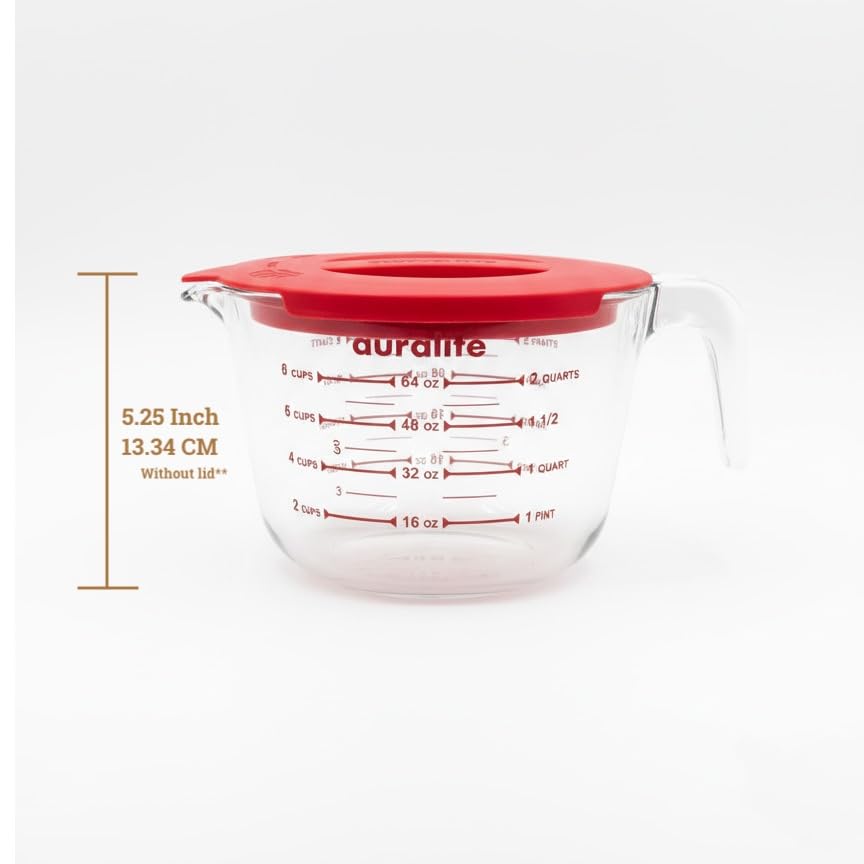 Auralite dishwasher-safe glass measuring cup for easy cleanup.