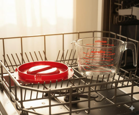 Auralite lid locks for spill-proof storage and built-in strainer.