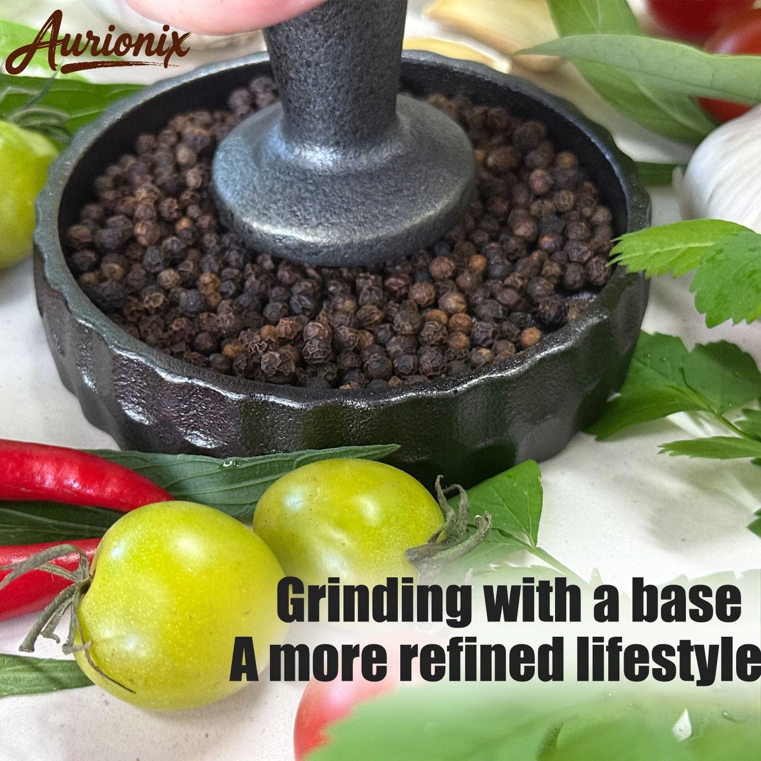 Aurionix multi-purpose spice and pesto grounding for pepper, herbs, and sauces.