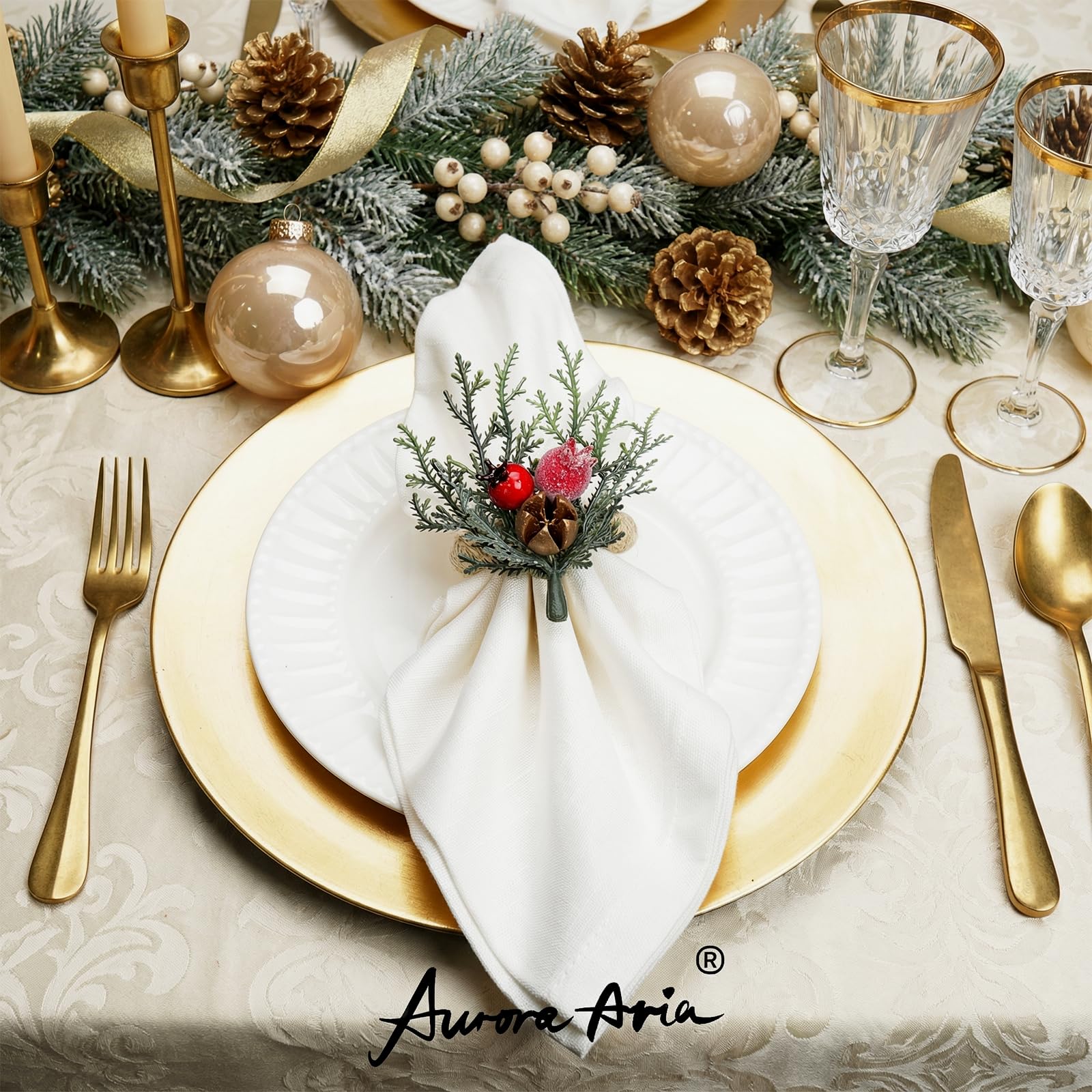 AuroraAria napkin rings with gold berries add festive sparkle to tables