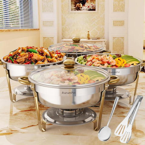 AurumPot four-pack chafing dishes with visible glass cover for easy food viewing.