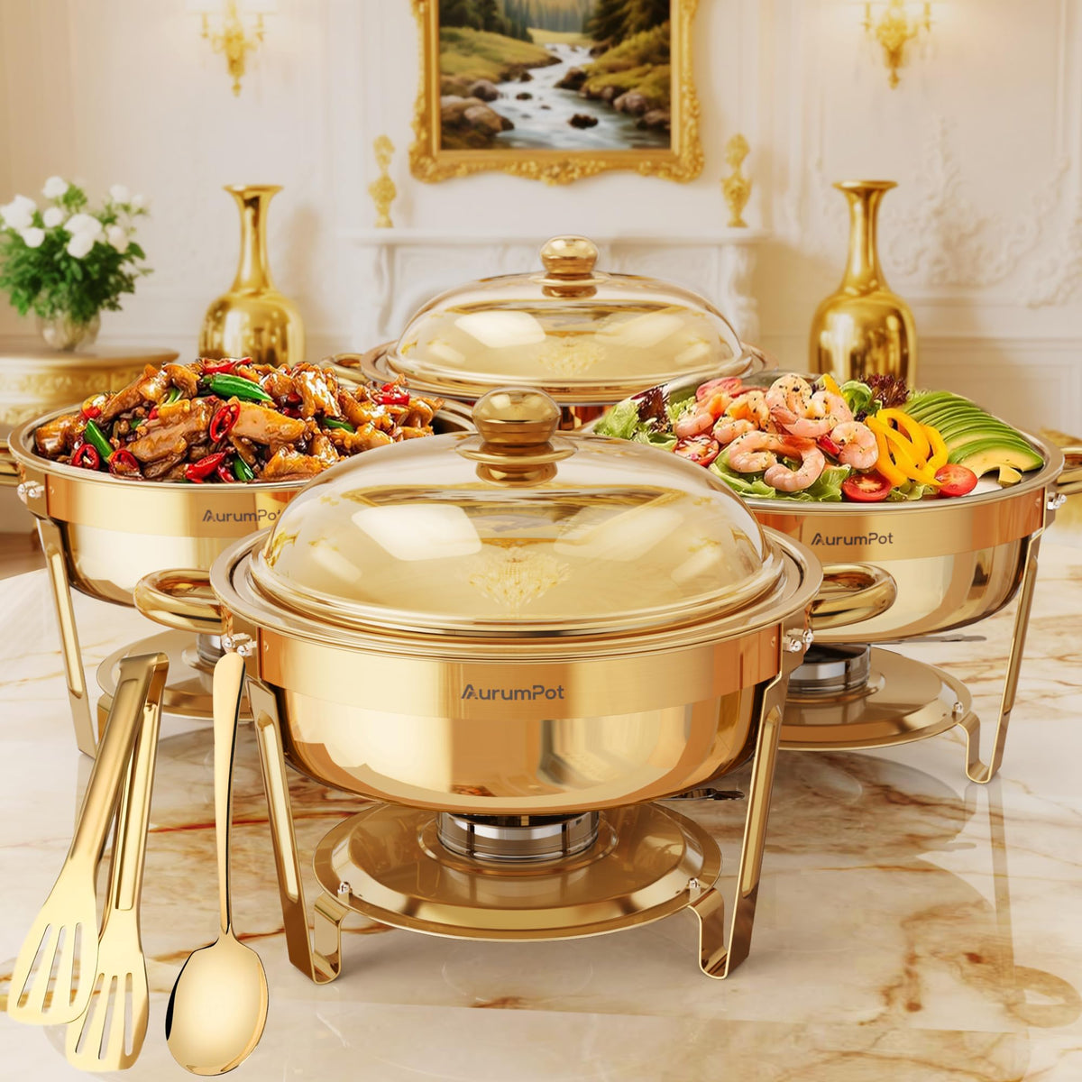 AurumPot chafing dish buffet four-pack keeps foods warm.