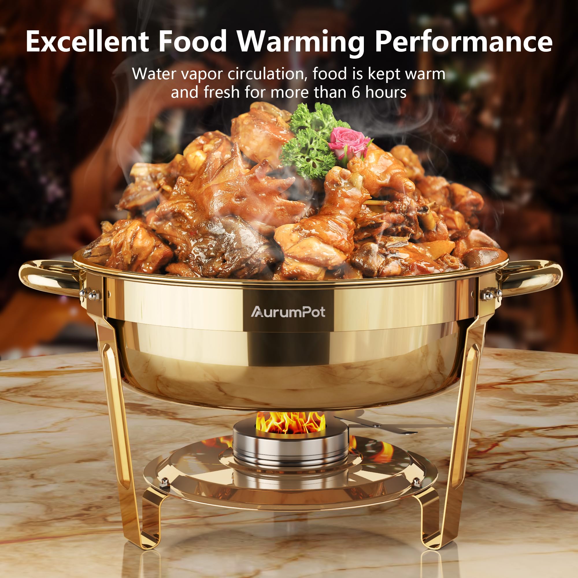 AurumPot stainless steel round chafing dish top view shows elegance.