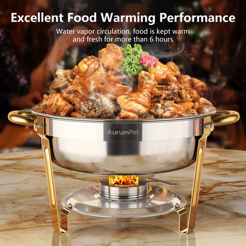 AurumPot round stainless steel chafing dish set for durable buffet use.