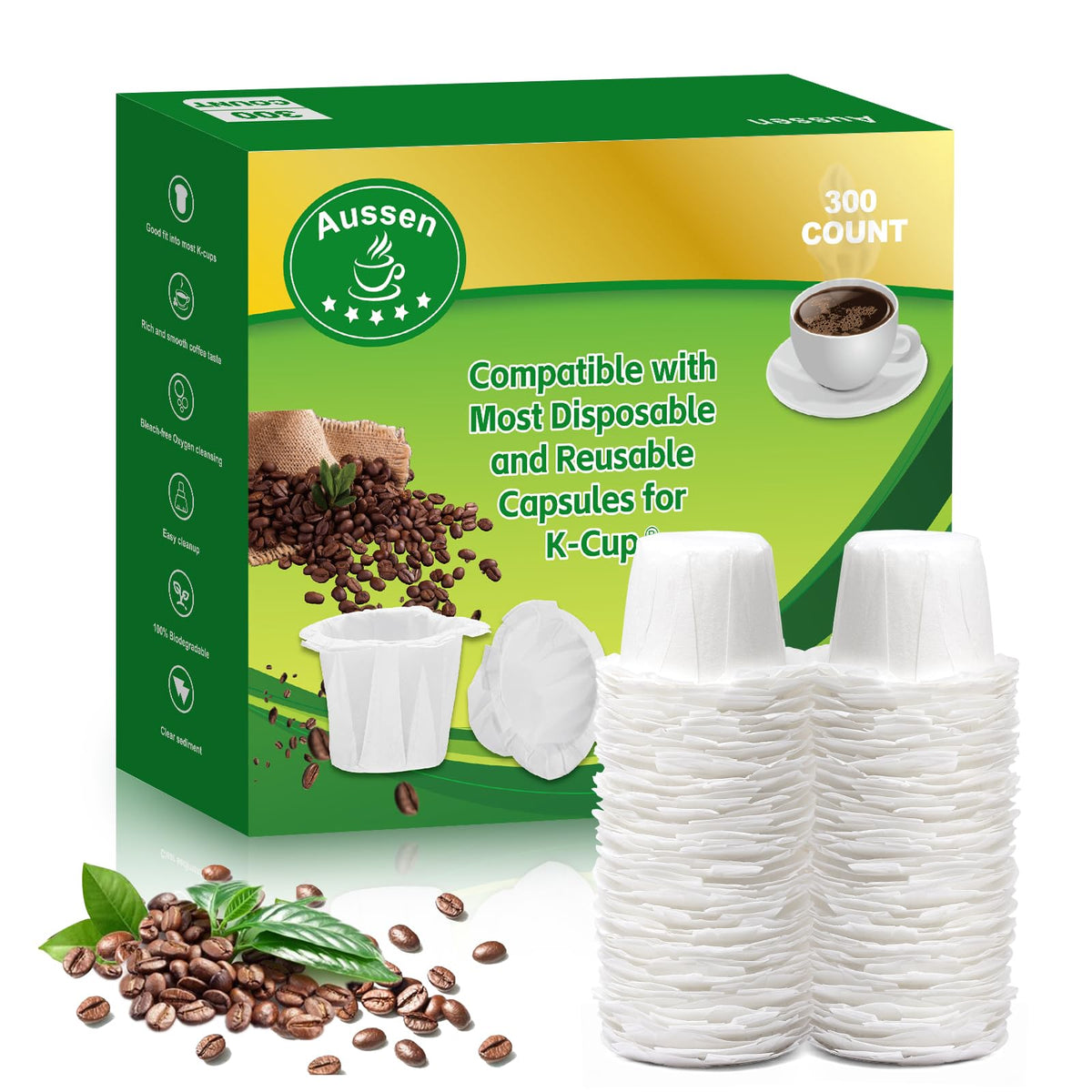 Aussen disposable coffee filters in Keurig white packaging, mess-free brewing option.