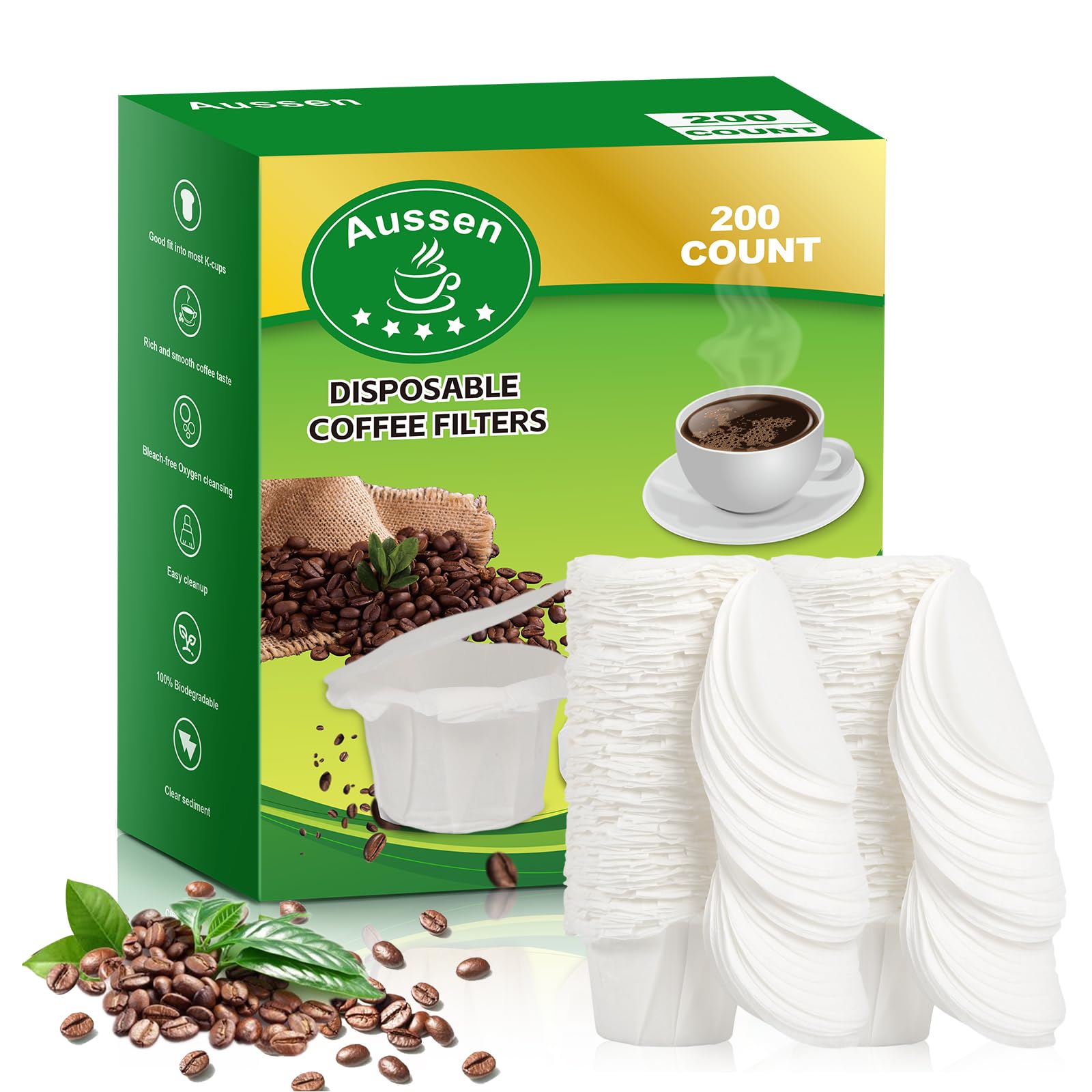 Aussen disposable coffee filters box front highlights mess-free brewing