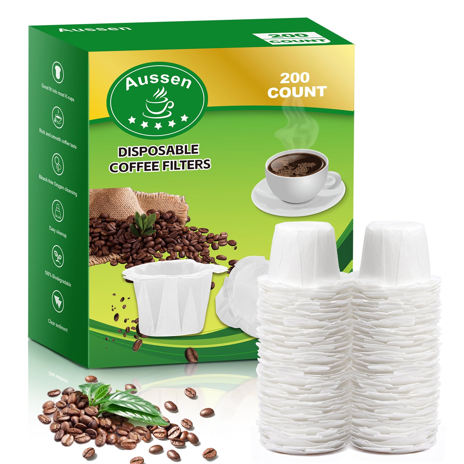 Aussen disposable Keurig filter paper inserts into cups for quick, mess-free brews.