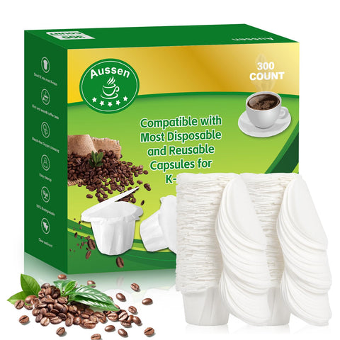 Aussen disposable coffee filters for Keurig with white lid, mess-free brewing.