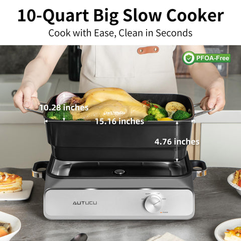 AUTUCU Slow Cooker 10-Quart control dial showing easy 3-level cooking