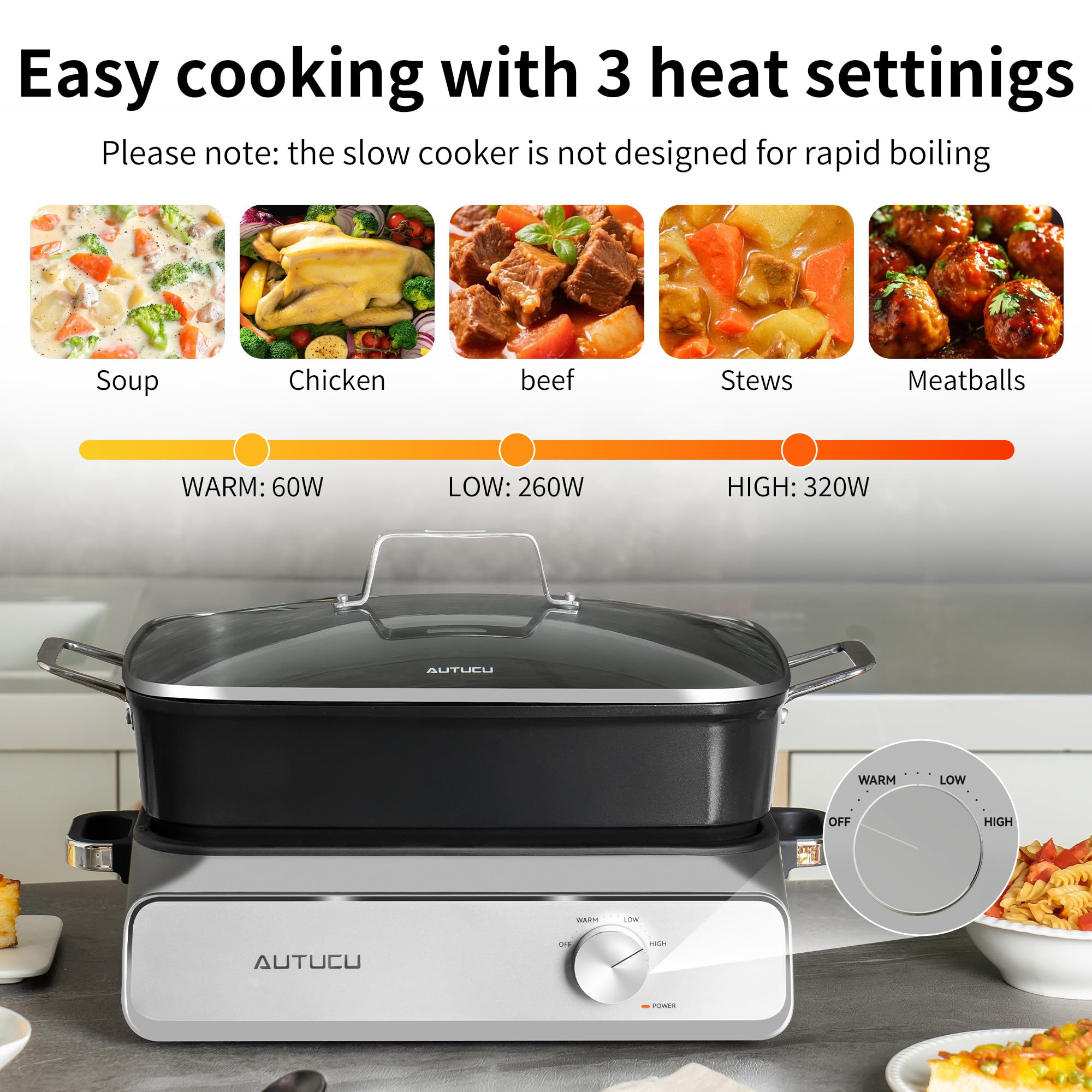AUTUCU Slow Cooker 10-Quart removable pot ready for oven-to-table serving