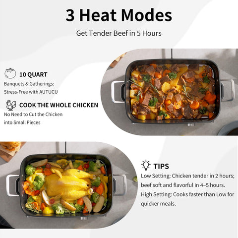 AUTUCU Slow Cooker 10-Quart silicone spoon included beside glossy pot