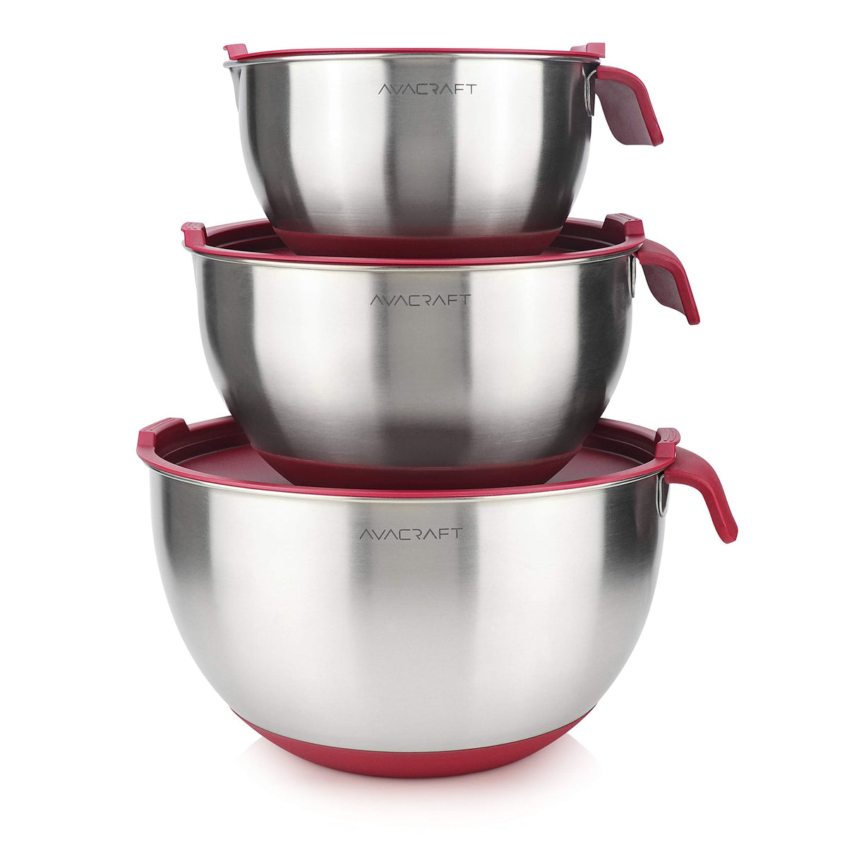 AVACRAFT stainless steel mixing bowls with lids for organized prep and storage.