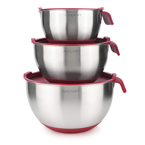 AVACRAFT stainless steel mixing bowls with lids for organized prep and storage.