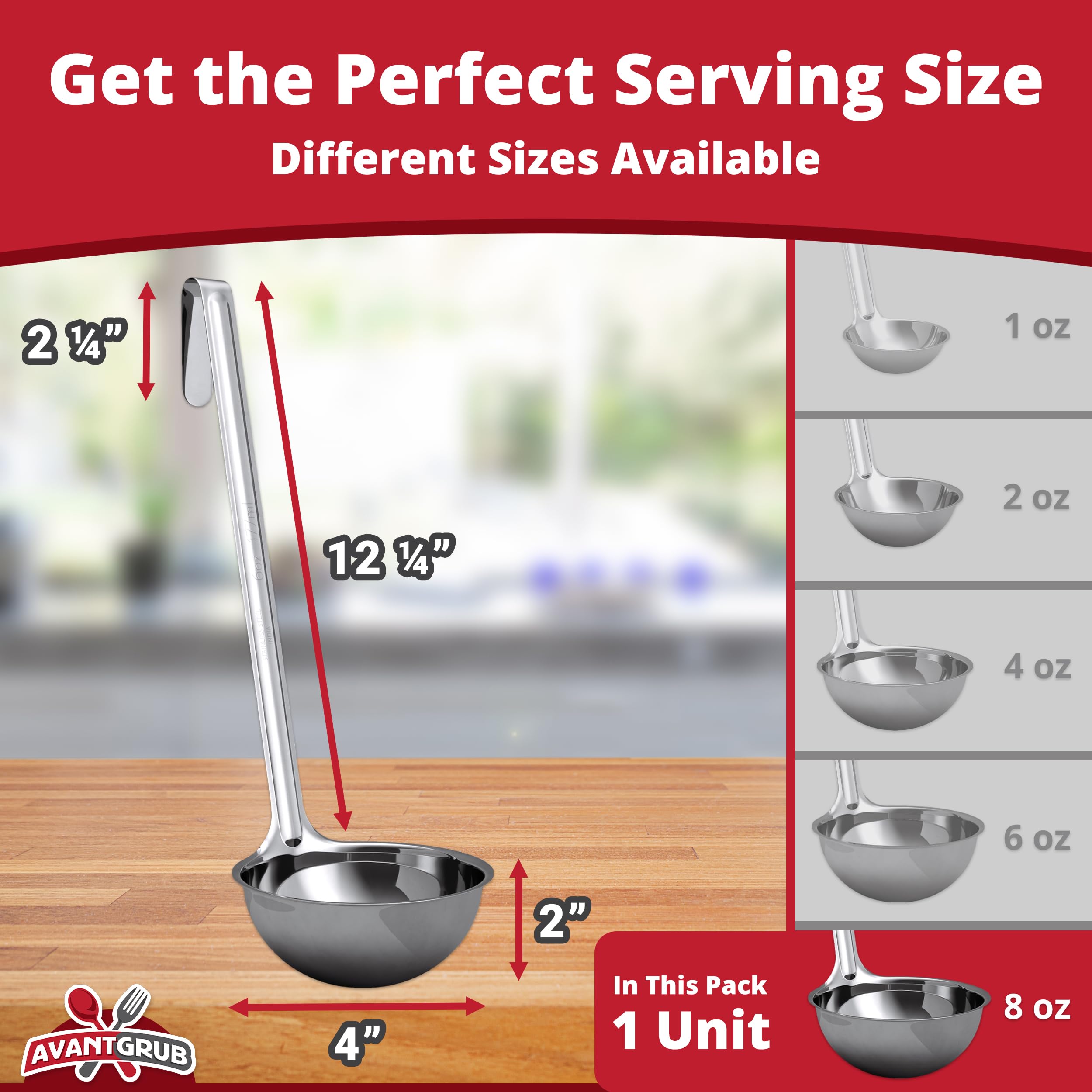 Avant Grub stainless steel ladle ideal for durable kitchen use and easy cleaning.