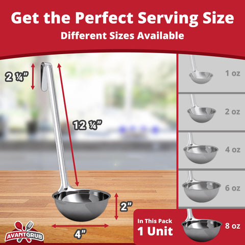 Avant Grub stainless steel ladle ideal for durable kitchen use and easy cleaning.