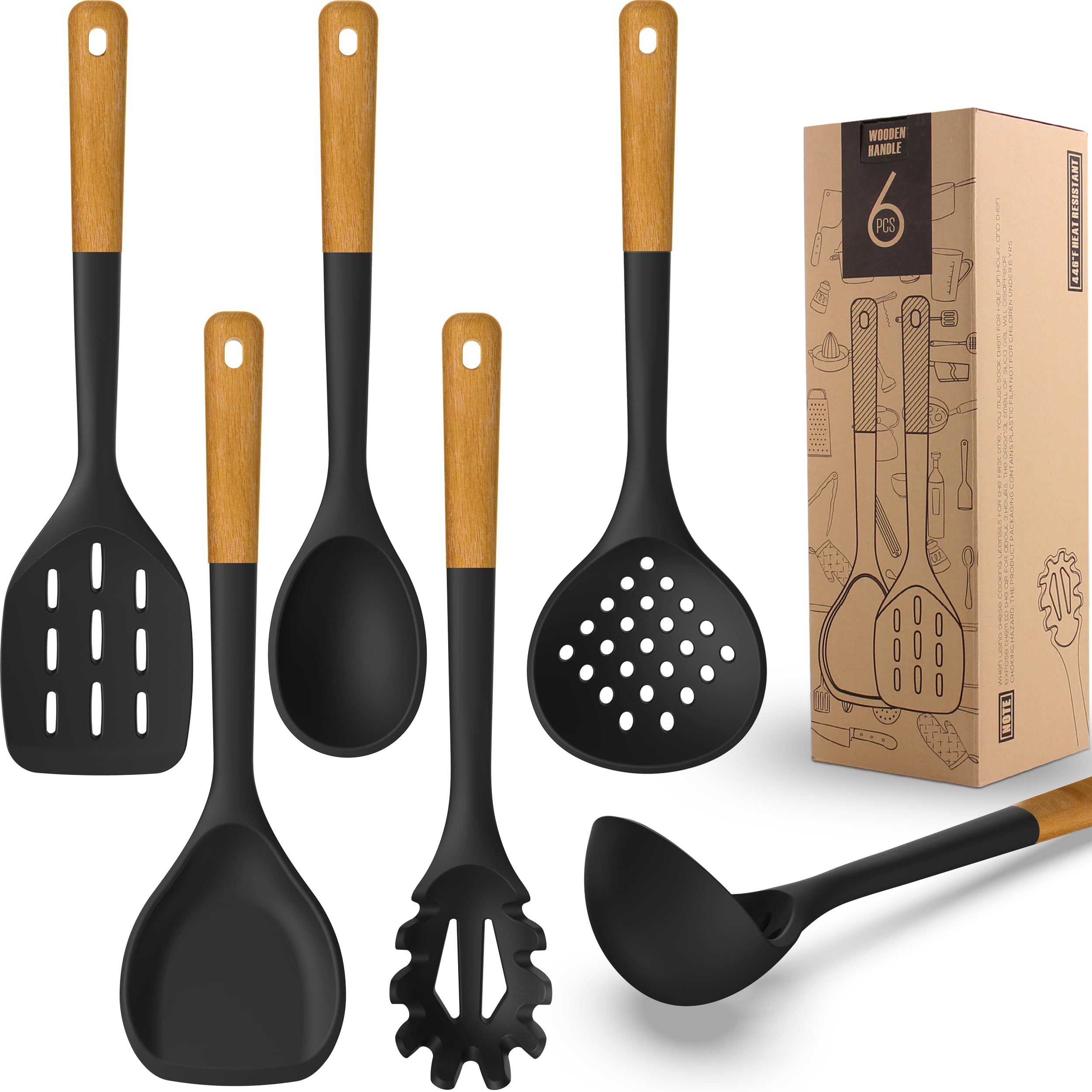 AVGPD large silicone utensils set with wooden handles for safe non-stick cooking.