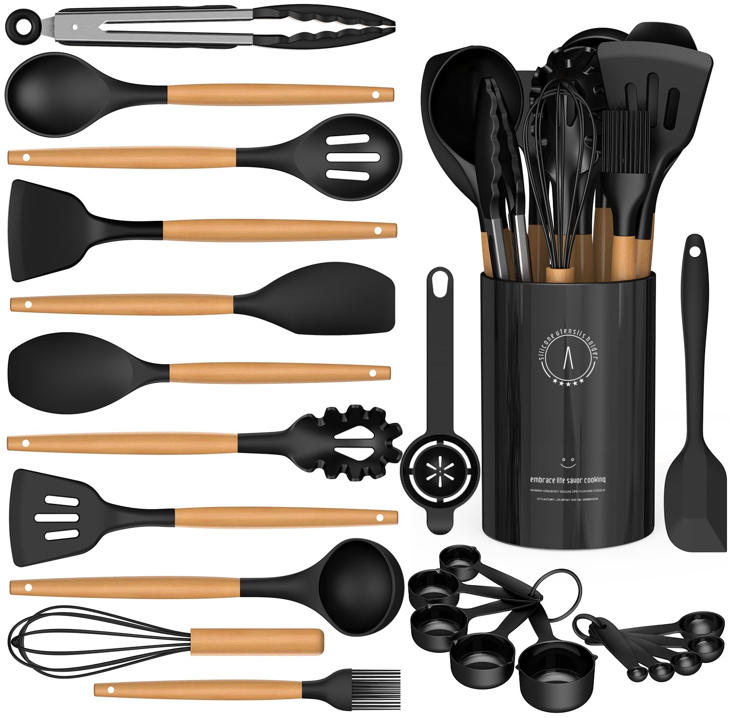 AVGPD silicone cooking utensils set full view with wooden handles for safe stirring.