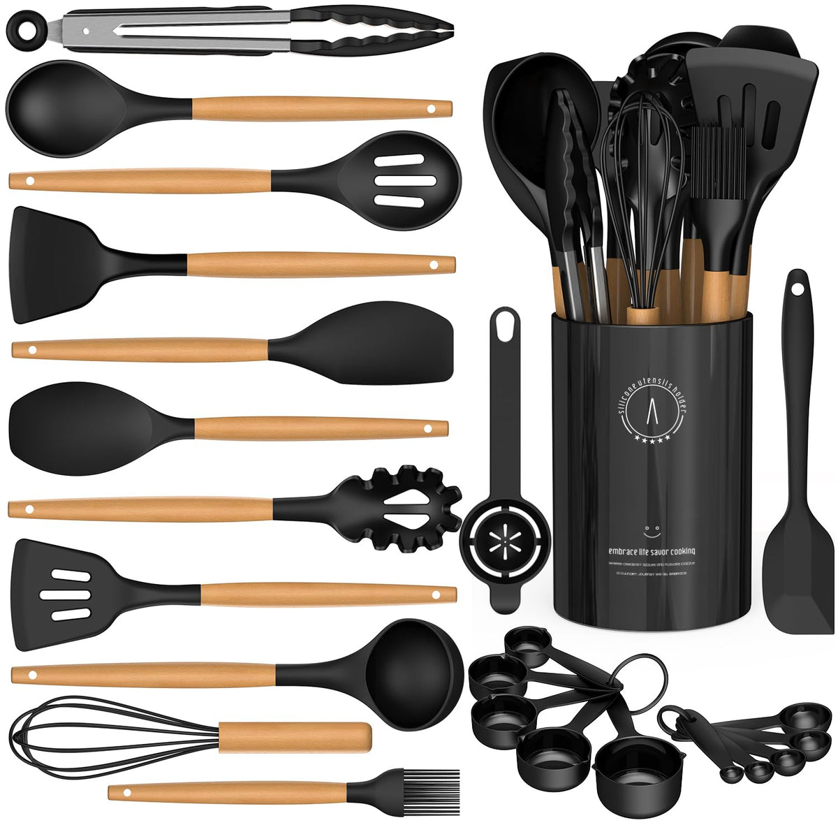 AVGPD silicone cooking utensils set full view with wooden handles for safe stirring.