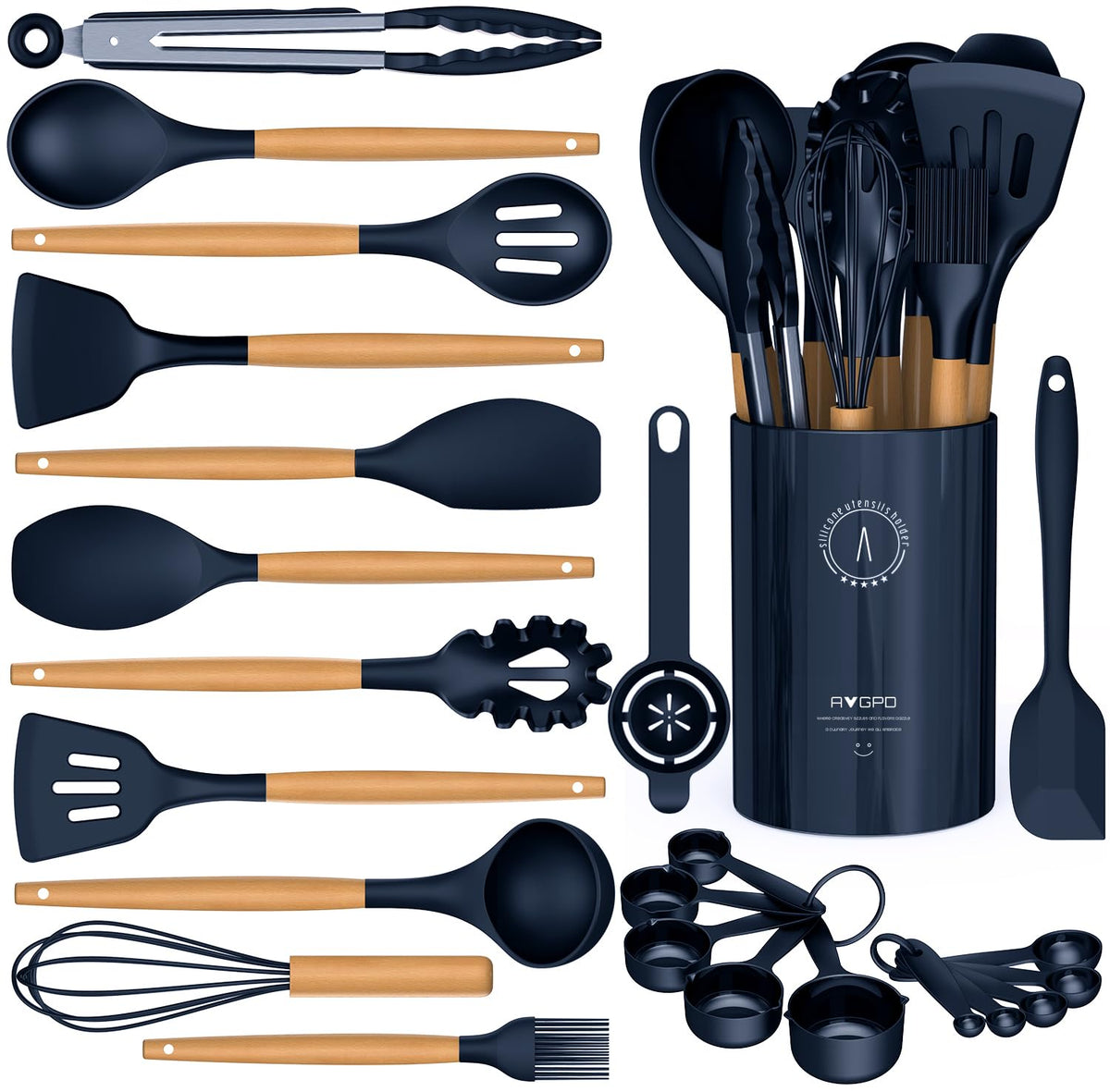 AVGPD silicone cooking utensils set with wooden handles offering cool grip and durable heat resistance