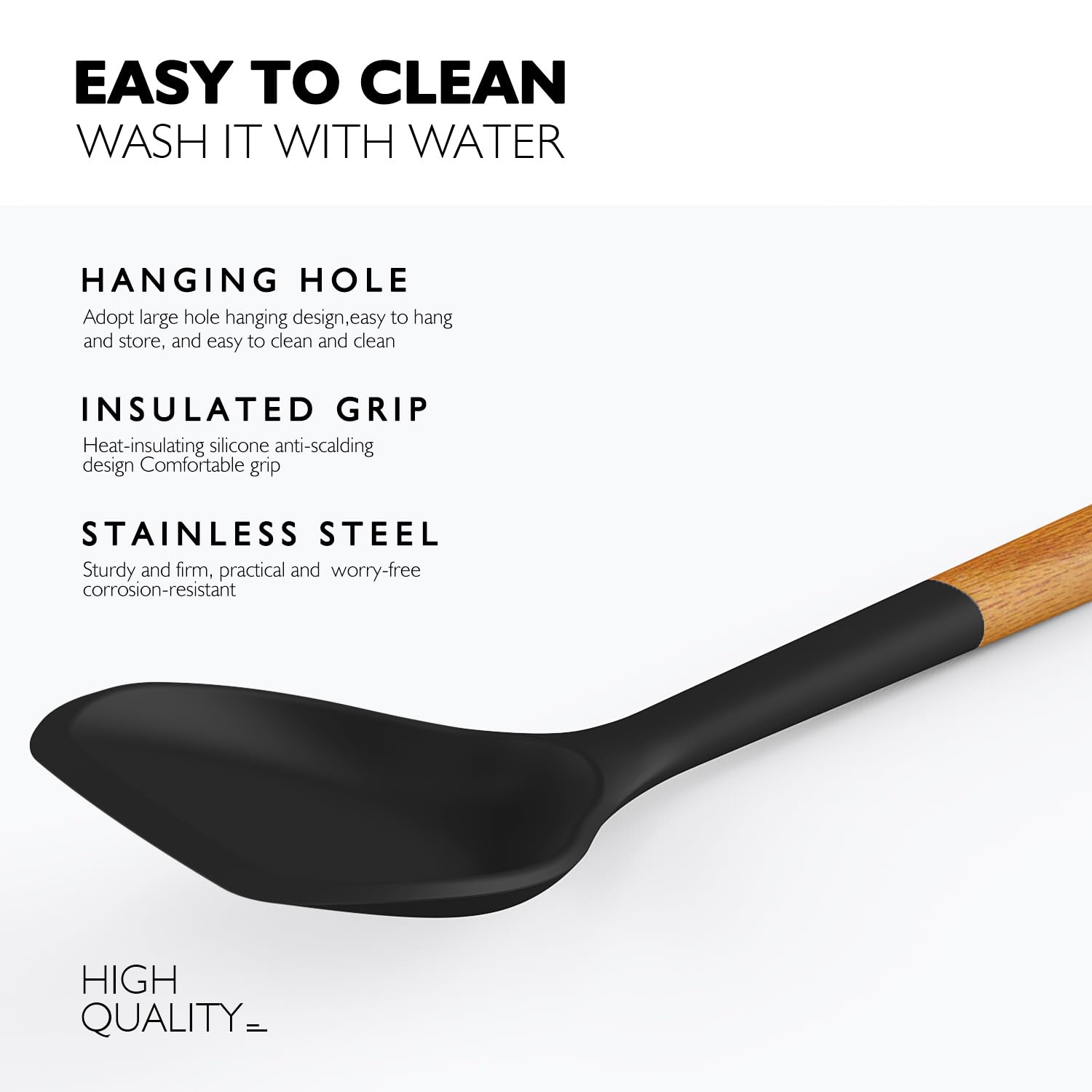AVGPD silicone ladle with wooden handle for soups and stews.