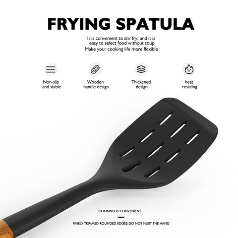 AVGPD silicone slotted spoon with wooden handle for draining liquids safely.