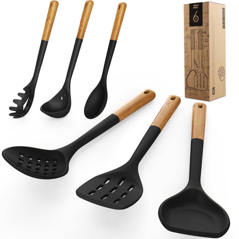 AVGPD silicone tongs with wooden handle for tossing and gripping.