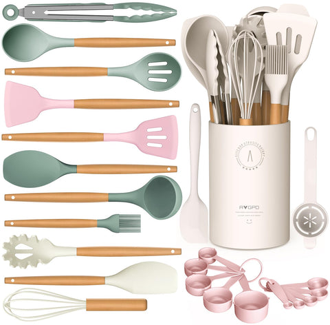 AVGPD silicone utensils set with wooden handles for non-stick cookware.