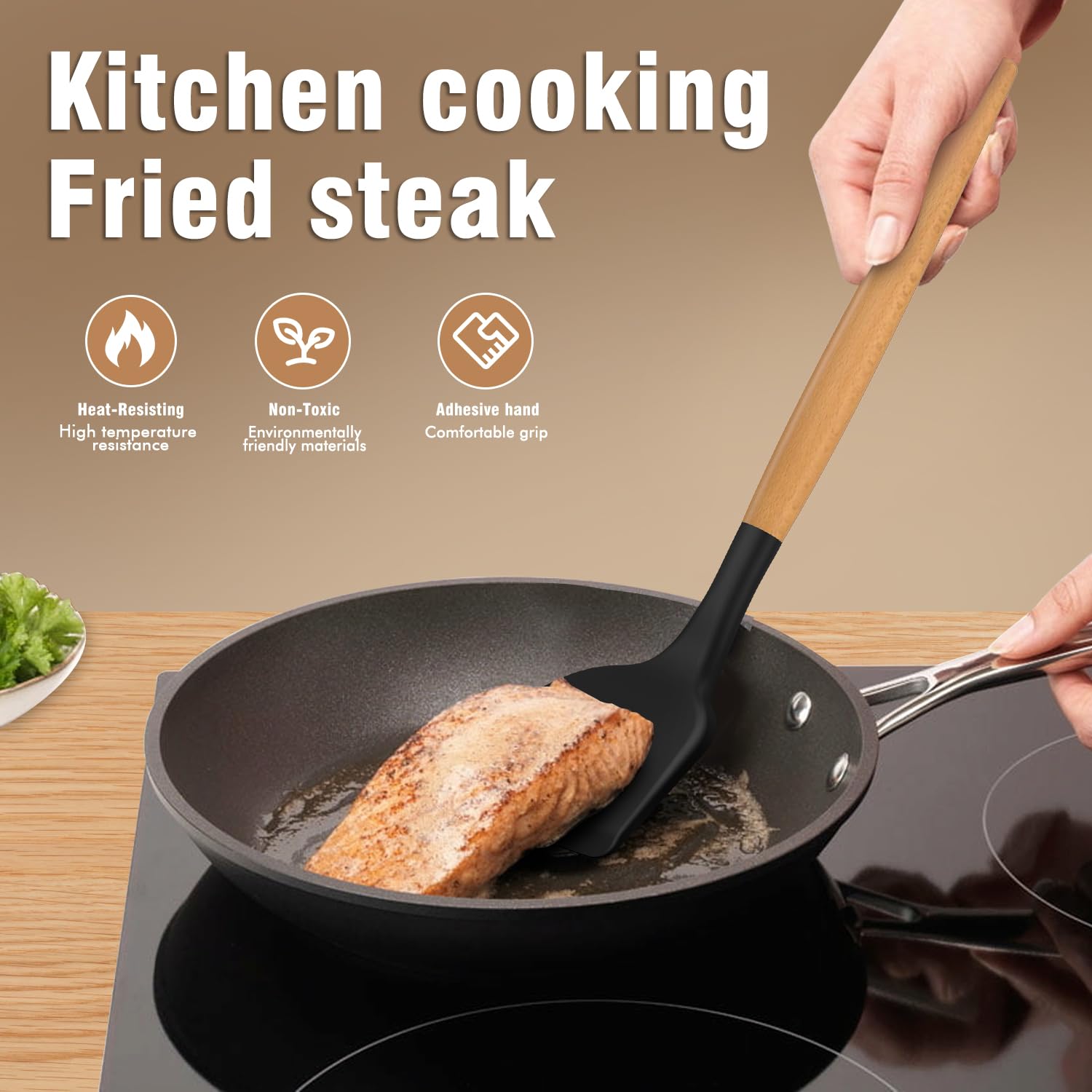 AVGPD wooden-handle utensils close-up showing heat resistant design.