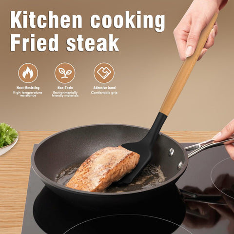 AVGPD wooden-handle utensils close-up showing heat resistant design.