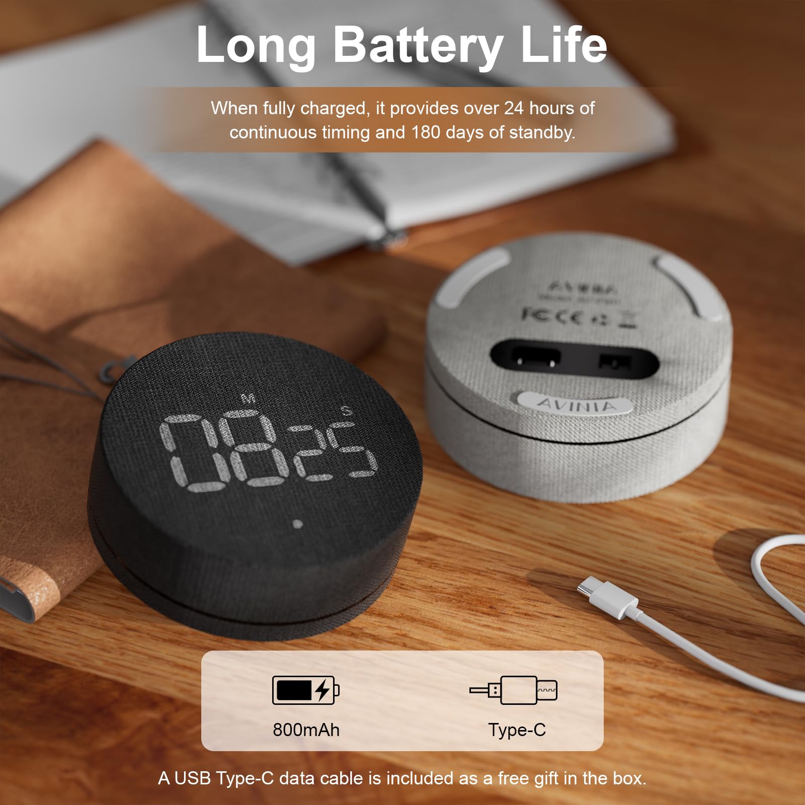 AVINIA desk timer with silent and audible alarm modes for flexible use