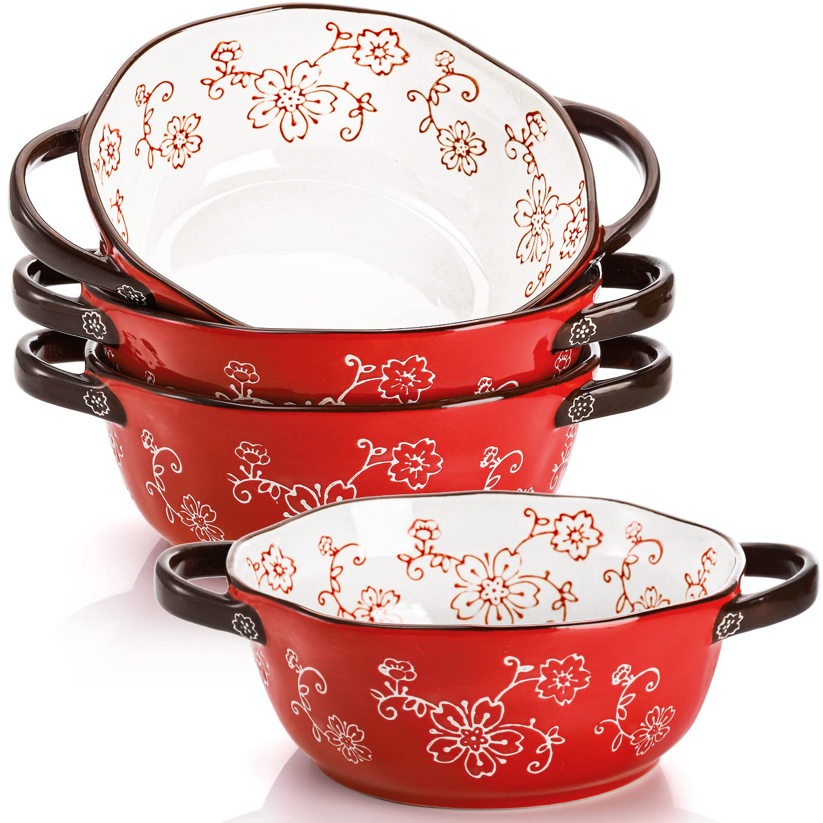 AVLA 4-pack ceramic soup bowls with double handles in red, ideal for serving hot soups.